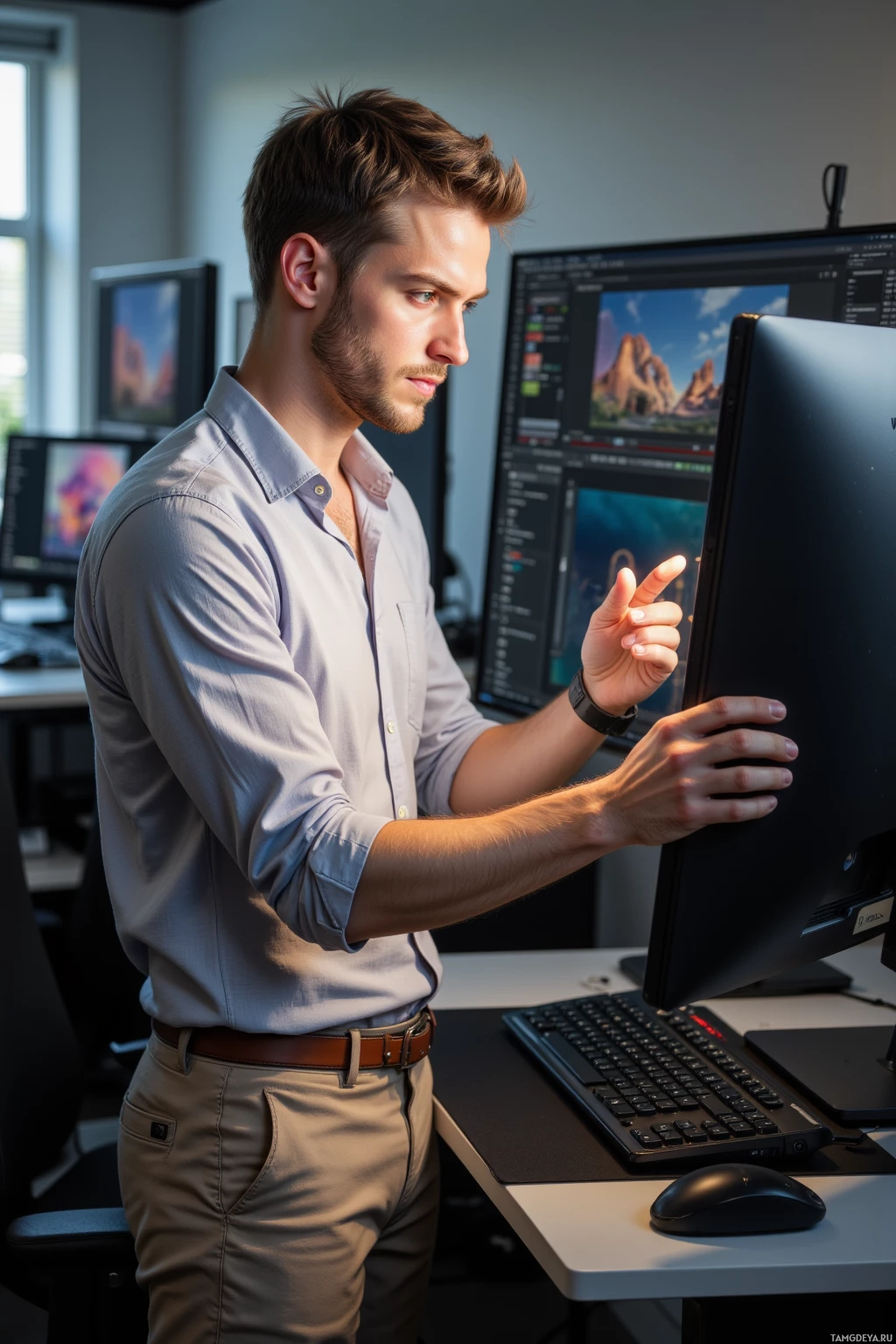 Realistic high quality photo. Male, 36, short light brown hair, blue eyes, wearing a light gray button‑up shirt and fitted beige trousers, intensely adjusting a physical light source on a high‑resolution monitor in a modern studio, surrounded by rendering tools and precise hardware, mid‑afternoon light filtering through blinds, the single specular highlight glinting as he perfects the frame.
