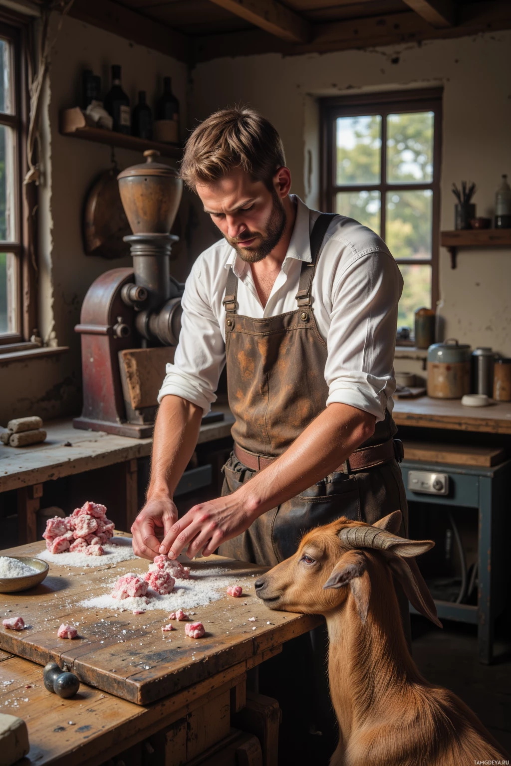Realistic high quality photo. A 35‑year‑old male craftsman with short light brown hair, beard, wearing a worn leather apron over a white shirt and rugged trousers, tightening salt crystals on the back of a slab in a rustic meat‑processing workshop while a goat tries to snatch a scrap, a new grinder blade sits ready, and an old meat press whirs in the afternoon light.
