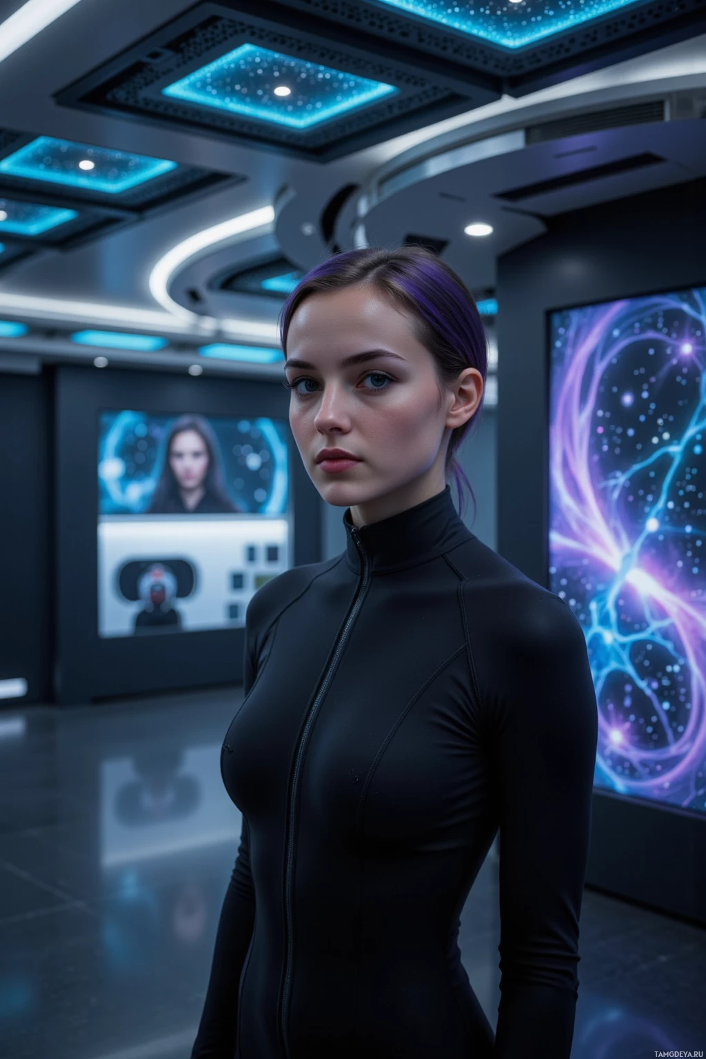 Realistic high quality photo. Female, 27, sleek dark purple hair in sharp modern cut, violet eyes, pale complexion, wearing a minimalist black jumpsuit with subtle silver circuitry accents, standing in a dimly lit observation chamber with holographic Nebula Grid projecting error vectors, late‑night, calm focused posture, faint core stabilizer hum.