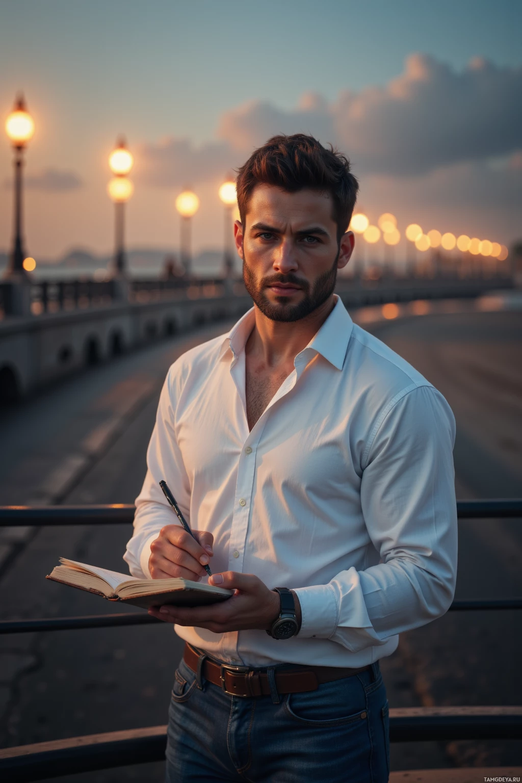 Realistic high quality photo. Man with short brown hair, piercing blue eyes, wearing a white shirt and jeans, standing on a riverbank at dusk with soft amber streetlamp light, long shadows cast by distant lamps, holding a notebook and writing, calm and determined expression reflecting steadfast justice.