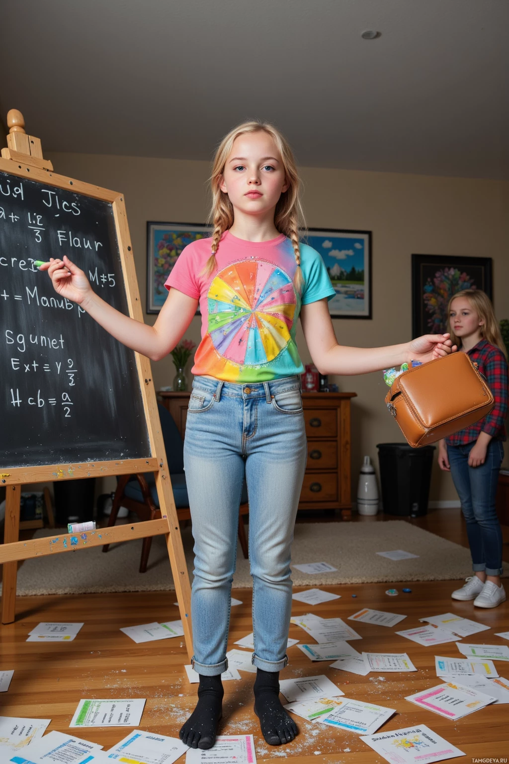 Realistic high quality photo. 16‑year‑old girl with blonde braids and bright blue eyes, wearing a colorful graphic t‑shirt, light blue jeans, and black socks, standing on a living‑room stage dusted with glitter glue, juggling a chalkboard with algebra equations, a diaper bag, and a stack of paper tickets, mimicking a math teacher's pose while siblings laugh in the background under evening light, with a chaotic scene of scattered group‑project supplies.