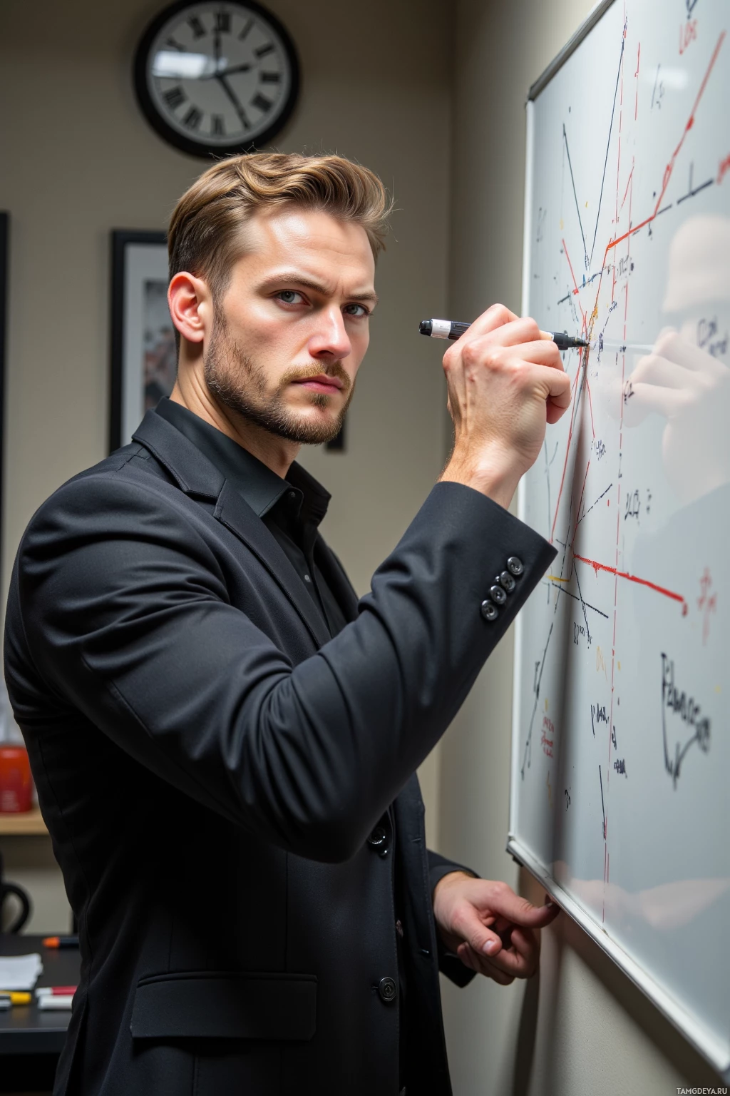 Realistic high quality photo. A tall muscular man in a crisp black suit, short light brown hair, blue eyes, pale skin, intensely sketching clean strategic lines on a whiteboard in a late‑afternoon office with a wall clock ticking, pens and markers scattered, his expression focused yet impatient.