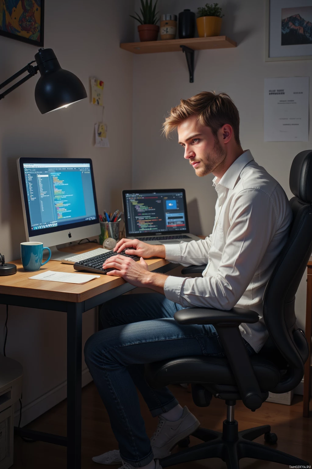 Realistic high quality photo. 26‑year‑old male with short blonde hair, blue eyes, pale complexion, slender build, wearing a plain white shirt, dark jeans, worn‑out sneakers, seated in a tidy evening home office, fine‑tuning a mechanical keyboard keycap while a laptop displays code and a debugging console, a neat to‑do list on a sticky note beside a coffee mug, illuminated by a desk lamp, exuding an analytical, efficiency‑driven vibe.