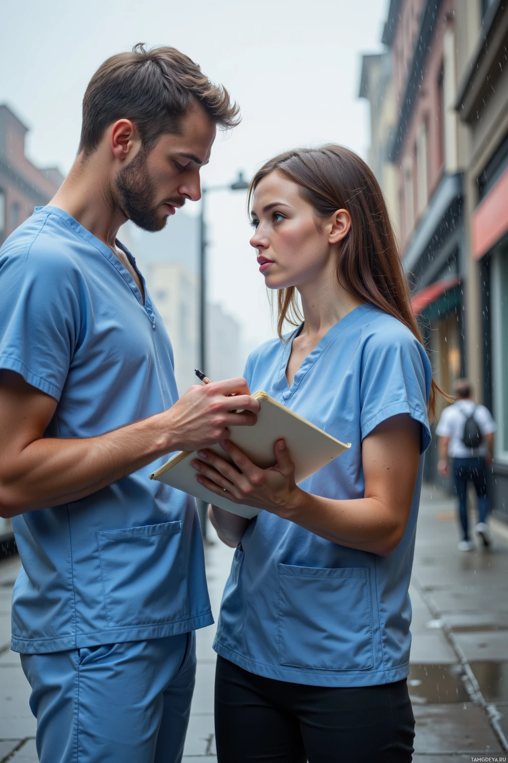 Realistic high quality photo. A 34‑year‑old caregiver with short light brown hair, blue eyes, in light blue scrubs, standing on a rain‑soaked city sidewalk in the morning, guiding a teenage girl as she sketches therapy notes, holding a notebook open while his hands tremble slightly, with a misty gray sky overhead.