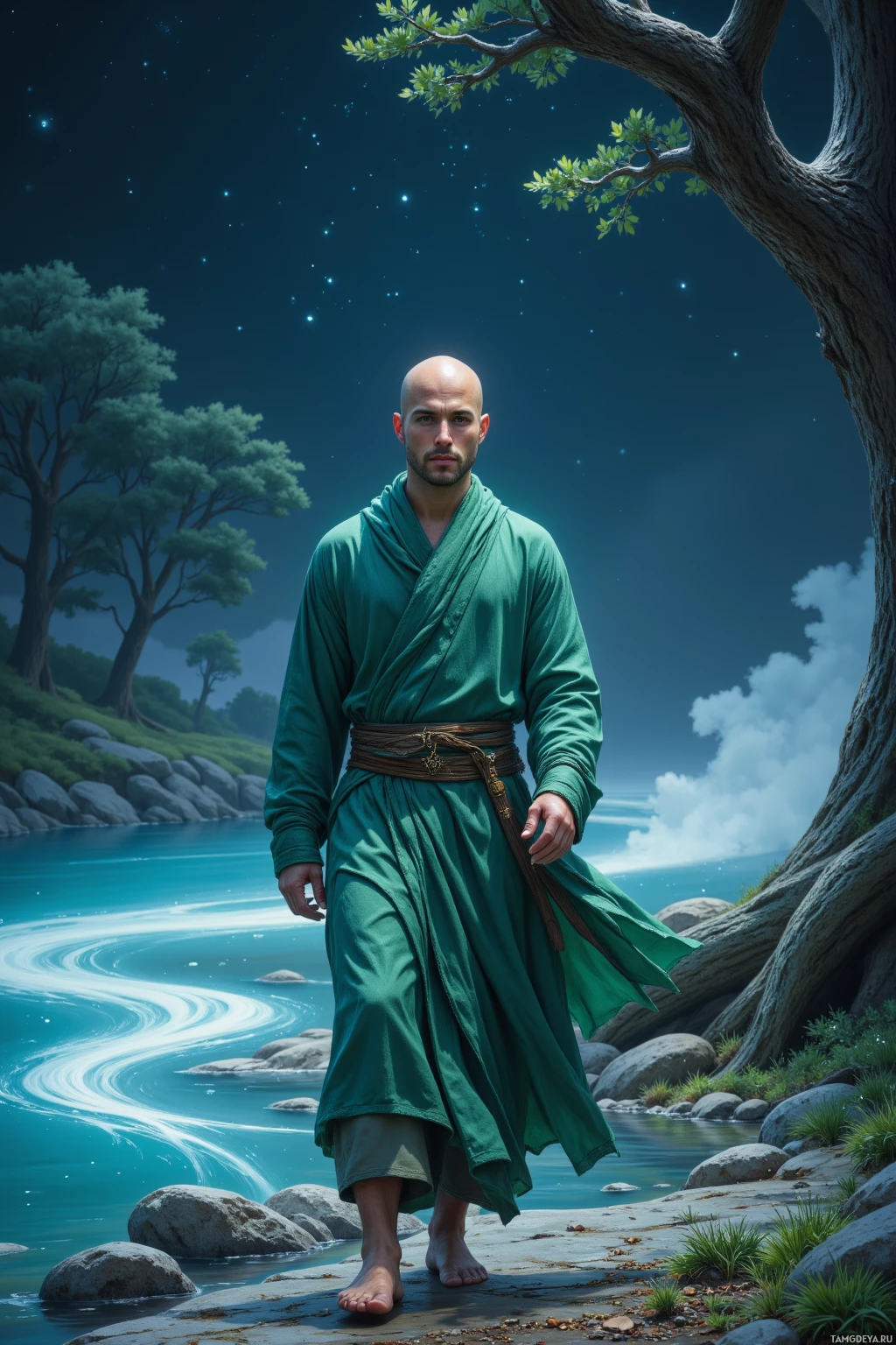 Realistic high quality photo. Male, 32, smooth shaved head, green eyes, simple soothing green robes, walking along a crystal lake at night with silver mist swirling, ancient oak beside, starlit sky above, he pauses with relaxed posture reflecting serene calm and curious curiosity.