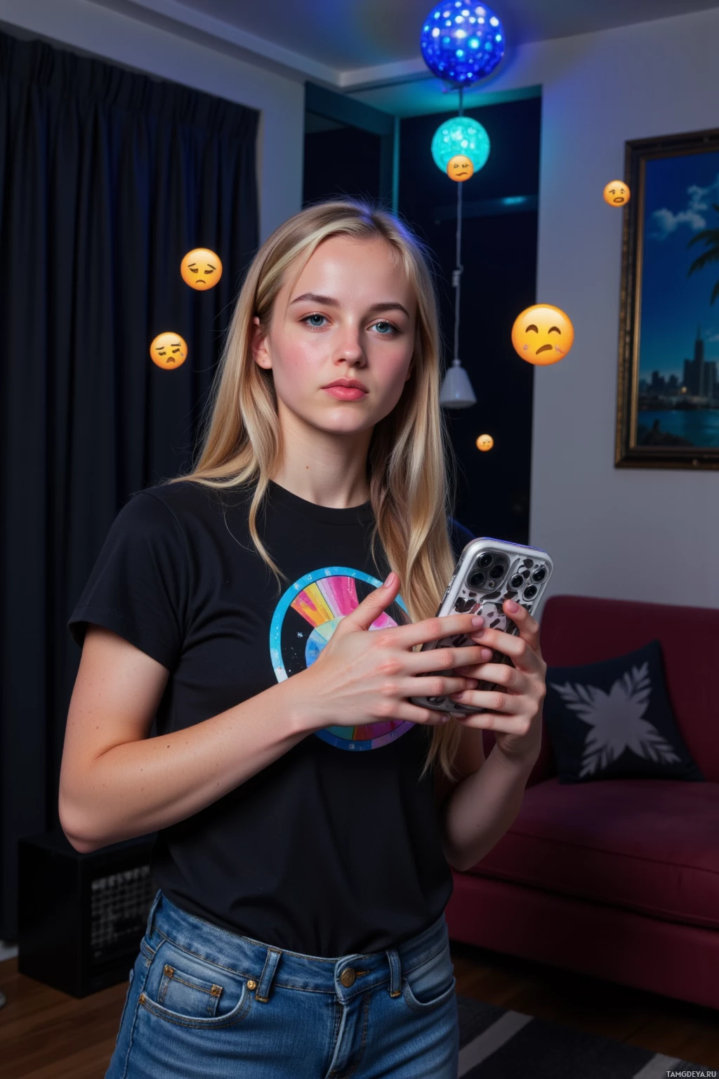 Realistic high quality photo. A 23-year-old woman with long blonde hair, bright blue eyes, pale glowing skin, wearing jeans and a graphic tee, standing in a dark apartment illuminated by a spinning disco light, broadcasting on her phone with floating emoji icons around her, energetic yet slightly self‑doubting, late night.