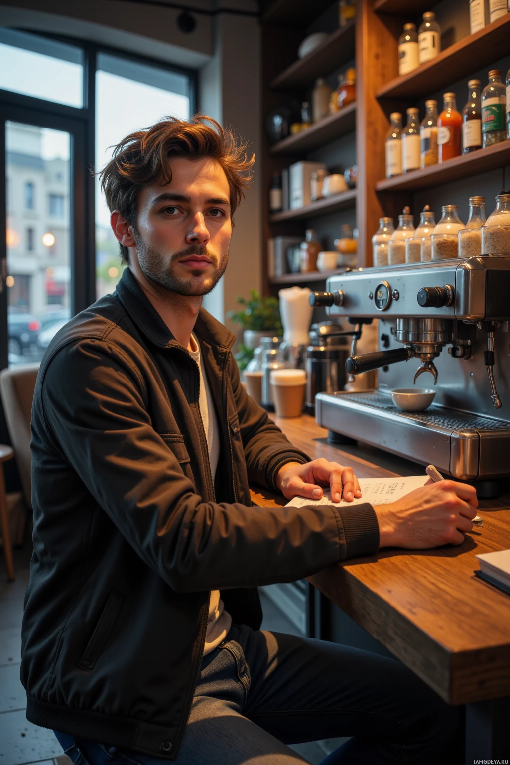 Realistic high quality photo. A lean 29‑year‑old man with messy brown hair and blue eyes, wearing a casual jacket over a simple t‑shirt and jeans, sits at a wooden counter in a cozy modern coffee shop, writing in a forgotten notebook pulled from an espresso drawer while a steaming espresso machine hisses in the background, bathed in soft late‑evening moonlight.