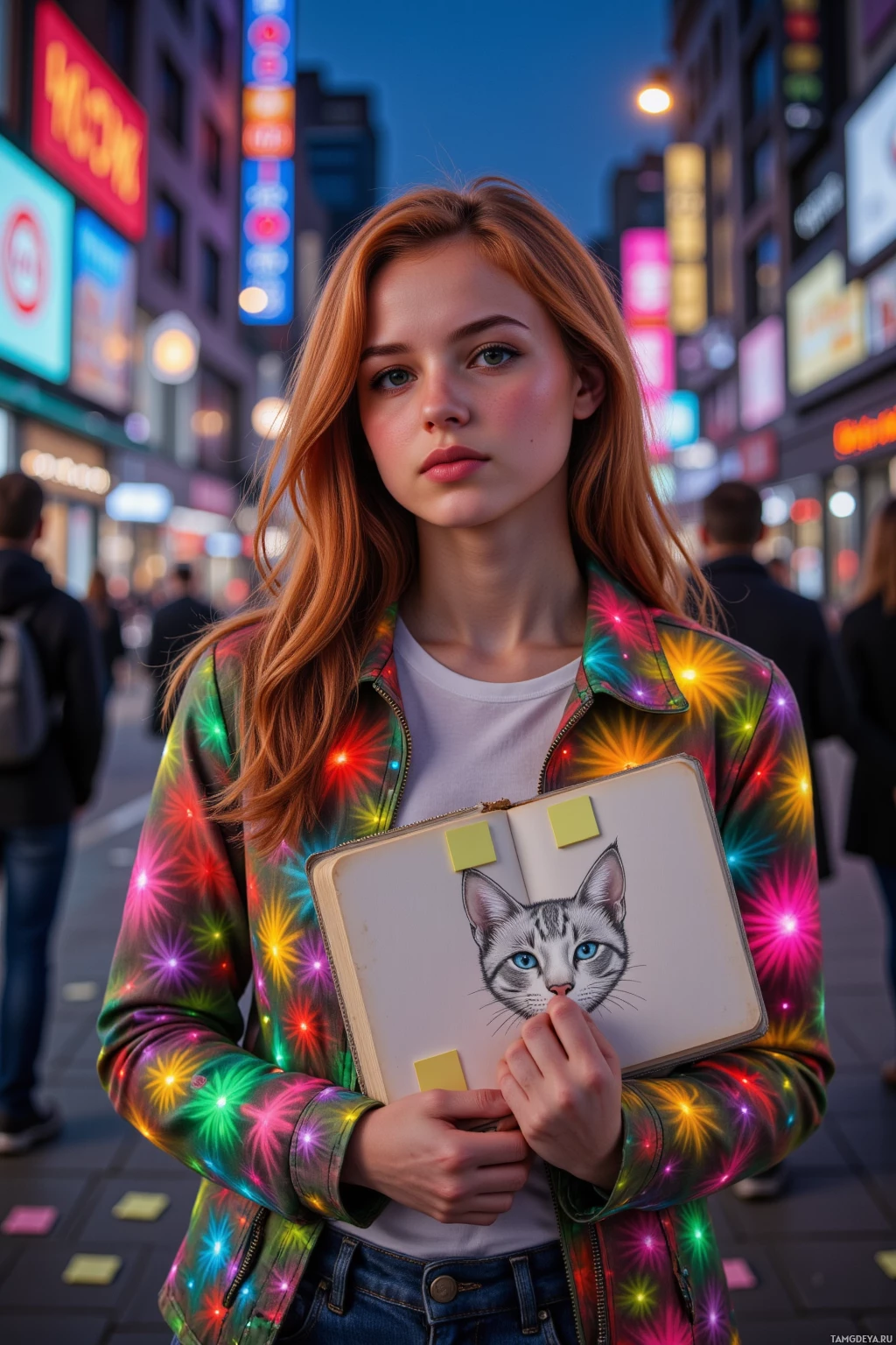 Realistic high quality photo. Female, 25, bright red hair, warm brown eyes, glowing skin, colorful jacket with glowing patterns, casual jeans, dancing on a street corner at night, city lights cast a vibrant glow, holding a sketchbook drawing a whimsical cat, scattered Post‑its nearby.