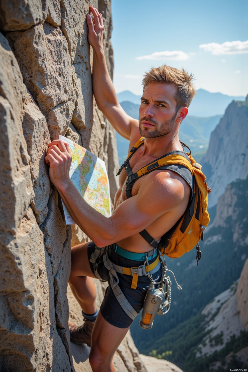 Realistic high quality photo. 29-year-old male climber with short tousled blonde hair, piercing blue eyes, fair skin, athletic build, wearing a worn harness, carabiners, sturdy boots, standing atop a vertical granite wall at The Boulder's Edge in bright morning light, clipping a final piton against sharp wind, chalked handprints on the rock, folding a map for a high desert trip in his hands, expression focused and determined.