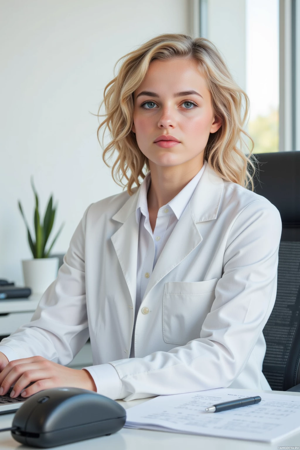 Realistic high quality photo. A 29‑year‑old woman with curly blonde hair, blue eyes, pale skin, wearing a white coat over a crisp white shirt and dark trousers, sits at a modern hospital office desk piled with patient charts and a laptop, a buzzing phone beside a small office plant that has just sprouted a leaf, her expression focused and methodical in natural daylight.
