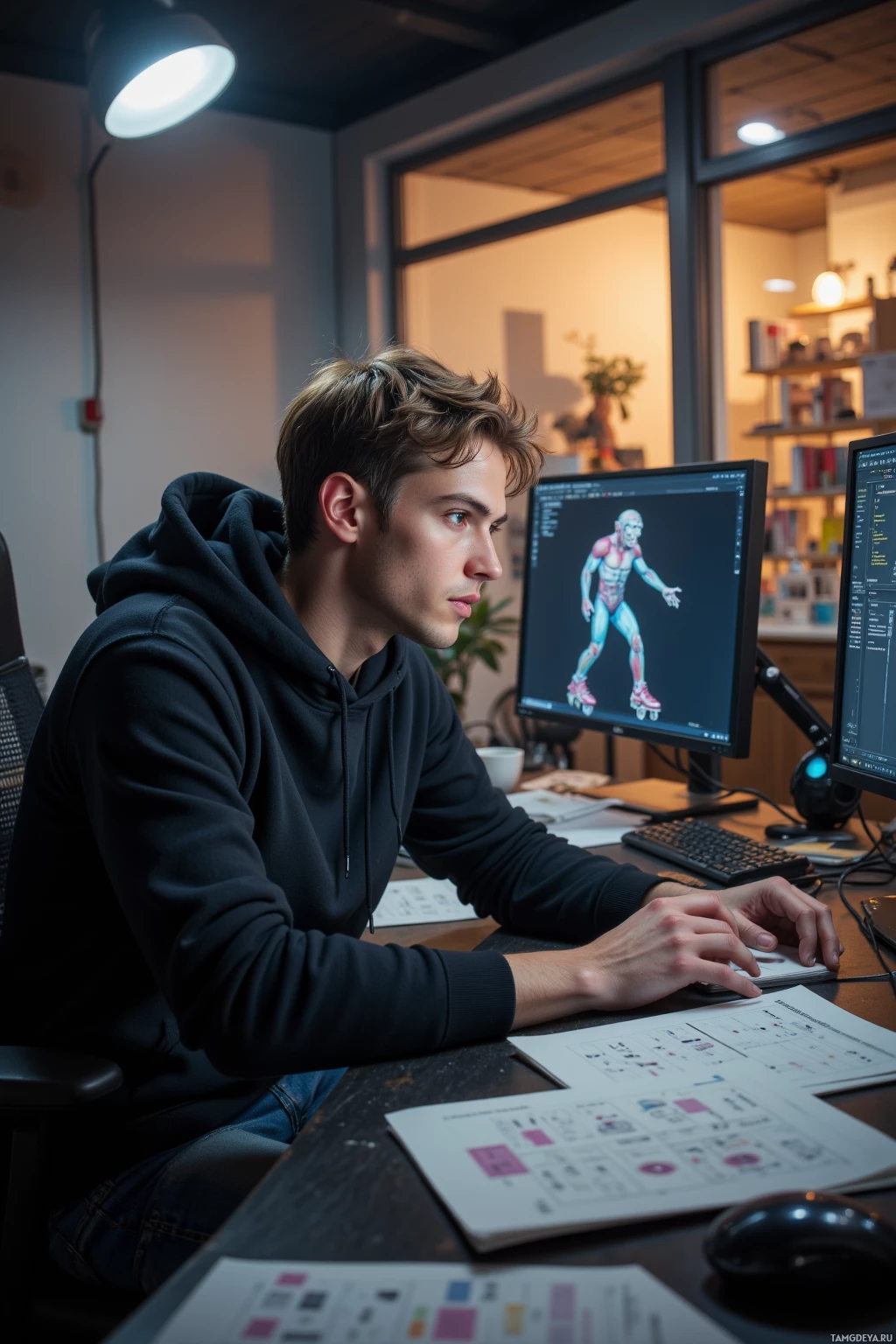 Realistic high quality photo. Modern studio interior at dawn, a 29‑year‑old man with messy light brown hair and blue eyes in a black hoodie and faded jeans intensely focused on a computer screen showing a 3D rig of a monkey on roller skates, a low‑friction spline dissected with meticulous precision, surrounded by printed flowcharts and a file labeled “cursedRig_v2.7” on the desk.