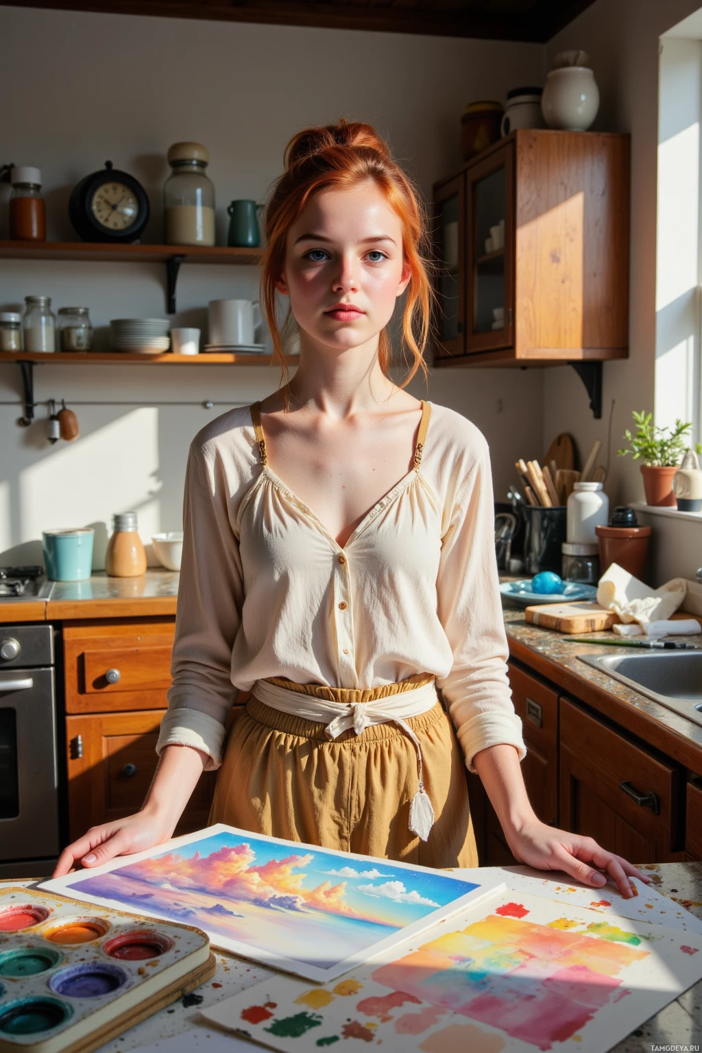 Realistic high quality photo. A 26‑year‑old woman with fiery red hair in a messy bun, blue eyes, porcelain skin, wearing layered bohemian clothes, standing in a sunlit kitchen with a vintage radio on the counter, painting a watercolor of dusk on a wooden table, a sketchbook guarded on a metal shelf, and a friend with gentle fingers holding a folded note she slipped into a mailbag, midday light streaming through the window.