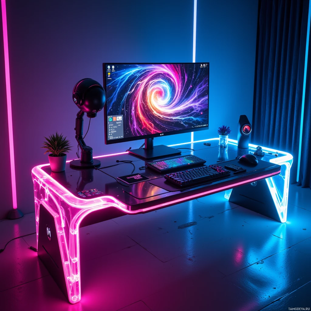 Semi-abstract image with many light, that is suitable for the post:  Sleek modular streaming desk with a tempered glass tabletop, integrated 8K monitor, zero‑latency capture card, magnetic peripheral slots, anti‑vibration metal base, and dynamic AI‑powered RGB lighting that illuminates the desk in a futuristic tech aesthetic.
