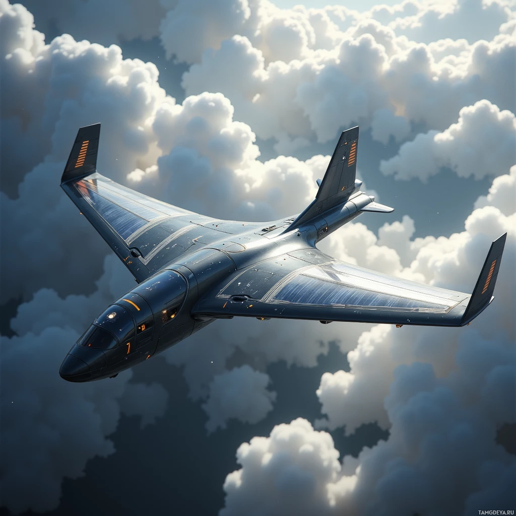 Semi-abstract image with many light, that is suitable for the post:  Compact ultralight glider with a seamless carbon‑fiber frame that folds into a backpack, featuring translucent lightweight solar‑membrane wings, subtle integrated atmospheric sampler vents, and sleek silent propulsion ducts, finished in matte gray and silver accents.