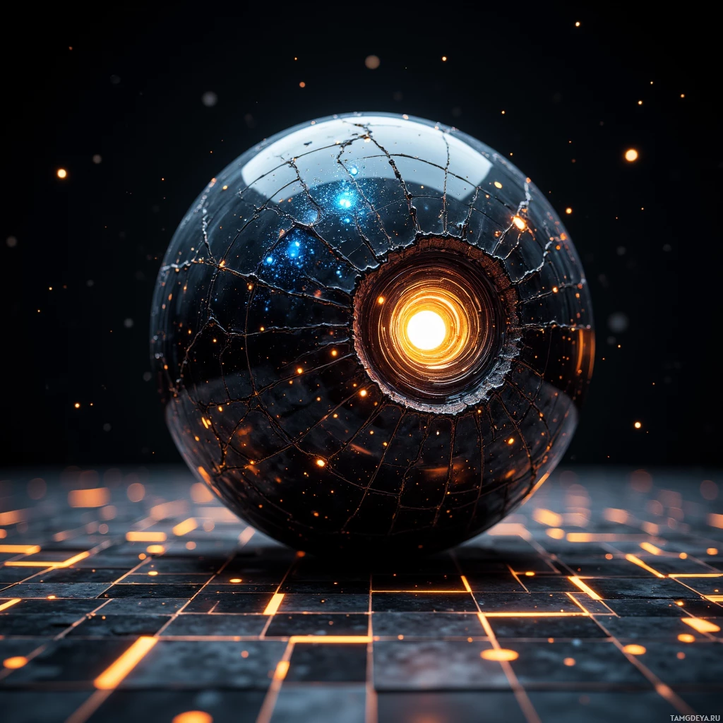 Semi-abstract image with many light, that is suitable for the post:  Matte black sphere with swirling iridescent cores pulsing, surface etched with adaptive micro‑rectangles that reconfigure in real time, glowing dynamic patterns on a high‑tech precision engineering surface.