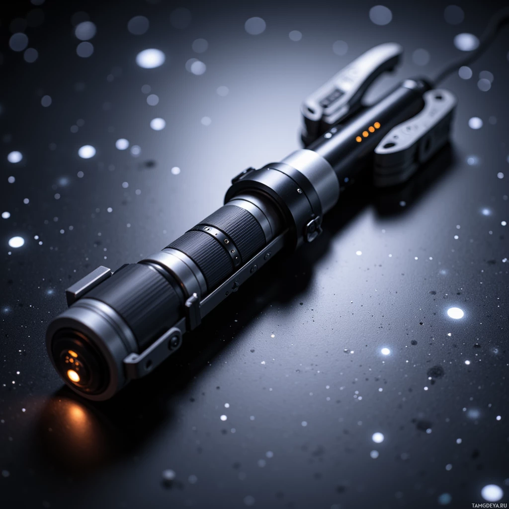 Semi-abstract image with many light, that is suitable for the post:  compact magnetic grappling stick folded into a sleek titanium alloy rod with a matte black tip, tiny glowing OLED HUD, integrated micro‑magnet system, smooth curves, lightweight design, quick‑release latch, and subtle solar cell panels patterned along its surface.