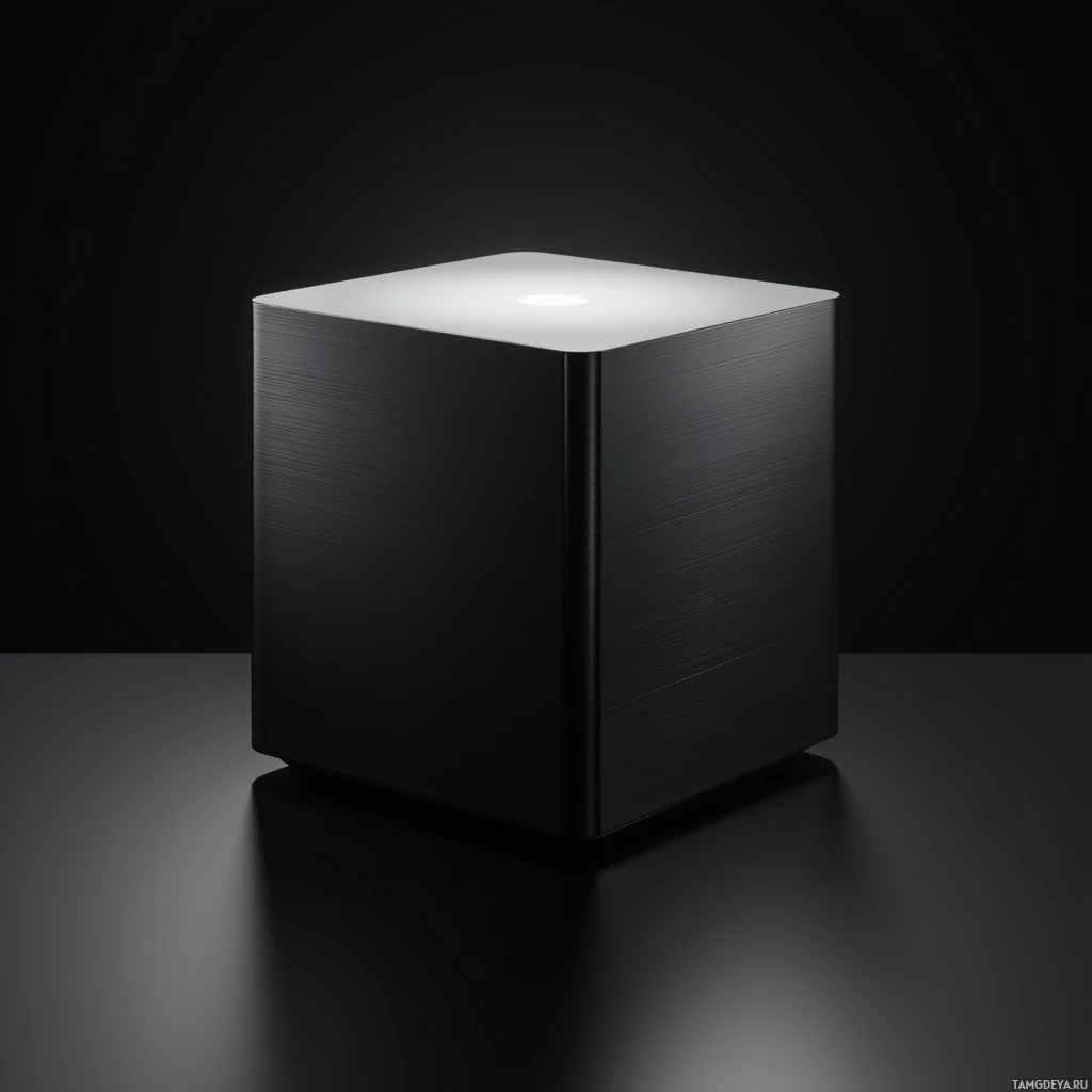 Semi-abstract image with many light, that is suitable for the post:  sleek black cube with a brushed metal finish, matte black surface, subtle reflective glare, minimalist design, small dimensions, polished edges.