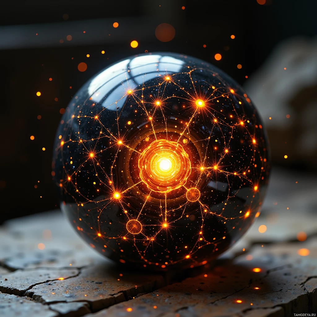 Semi-abstract image with many light, that is suitable for the post:  tiny obsidian sphere, etched with swirling constellations, glowing starfield pulse and subtle amber warm light, intricate shifting patterns across its polished surface, weighty and hand‑crafted.