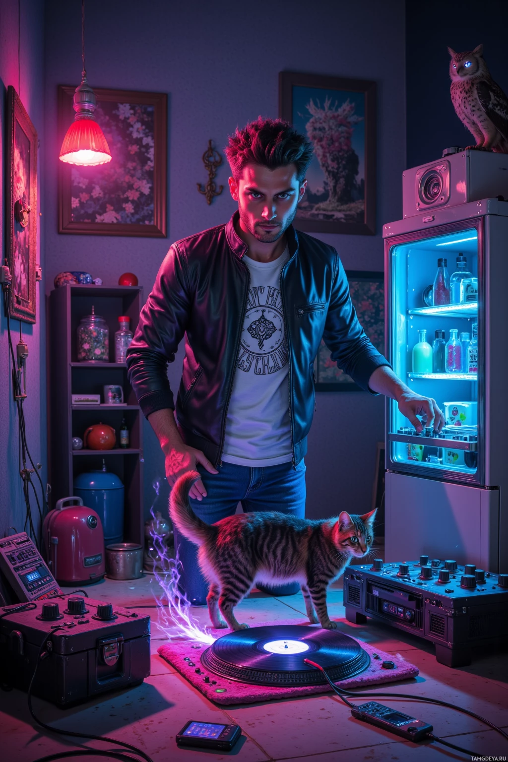 Realistic high quality photo. Man, 32, short spiky light brown hair, bright blue eyes, olive skin, black leather jacket over a white graphic tee and jeans, DJ mixing vinyl on a midnight living room floor with the cat’s tail acting as a metronome, a vacuum cleaner spinning rhythmically under strobe lights, the fridge beeping in time, a toaster levitating, an owl with glowing eyes perched, vibrant electric rave vibe.