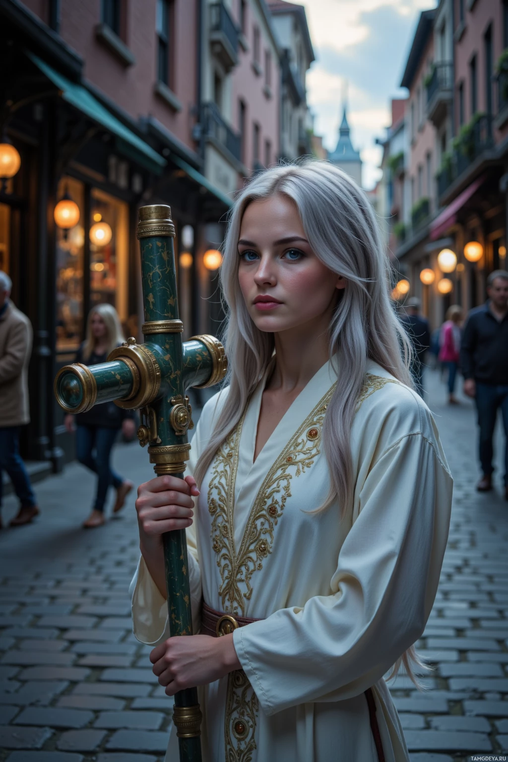 Realistic high quality photo. Woman, 27, with long silver hair in loose waves, blue eyes, porcelain skin, high cheekbones, delicate nose, wearing flowing white robes with intricate golden embroidery cinched by a crystal pendant, dusting an old obsidian telescope in a dim alley of a bustling night city under a twilight sky partially eclipsed, long shadows stretching across the cobblestones, dust motes drifting around her, serene yet slightly detached expression, evening setting.
