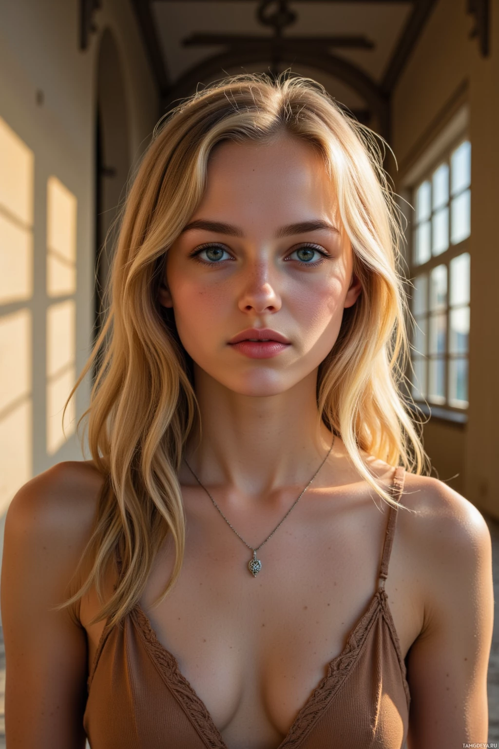 Realistic high quality photo. Woman, 26, soft blonde curls, porcelain skin, blue eyes, wearing a muted earth‑tone bohemian dress and silver necklace, traces golden dust lace in a hallway illuminated by late‑afternoon light, evoking quiet nostalgia.