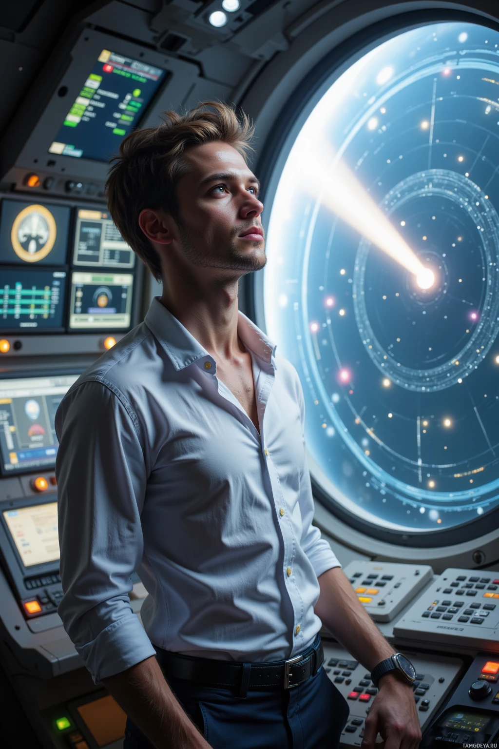 Realistic high quality photo. Tall 30‑year‑old man with short light brown hair, sharp features, striking blue eyes, in a crisp light‑colored shirt and fitted trousers, calmly standing in a spaceship control room surrounded by holographic orbital array panels and thruster controls, watching a micrometeorite streak across the viewport as his composed gaze commands the crew.