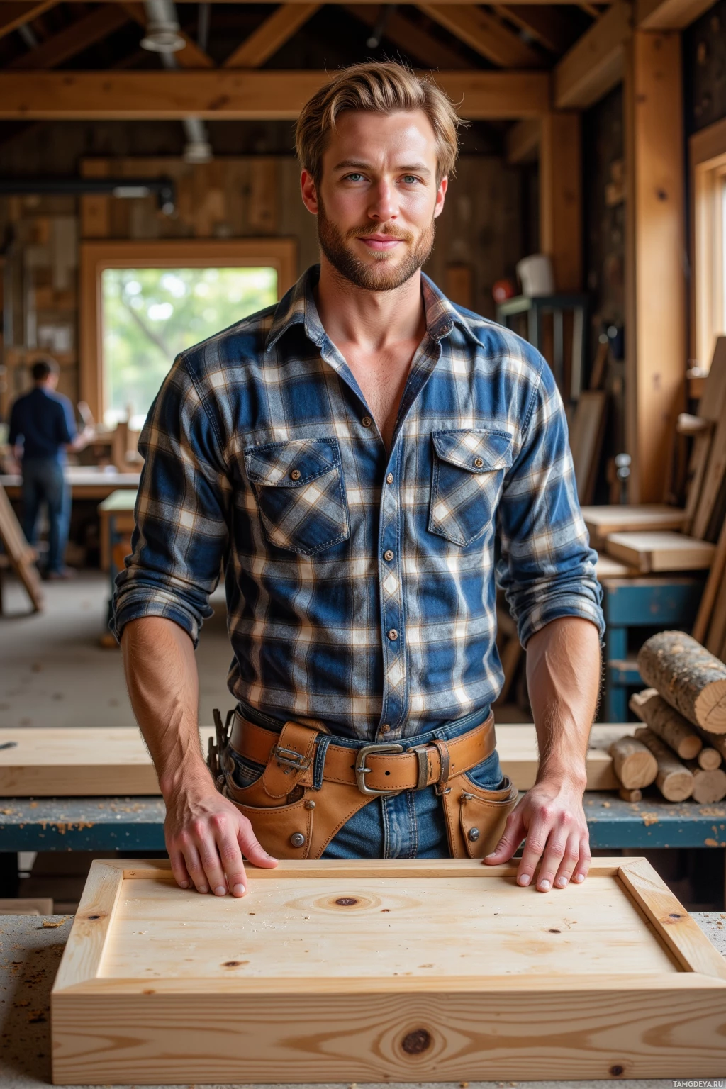 Realistic high quality photo. A sturdy‑built man, 27, with blonde hair, bright blue eyes, wearing a classic flannel shirt and a tool belt, standing in a cluttered woodworking workshop with sawdust and pine logs, assembling a handmade desk from salvaged lumber while light catches the wood grain and he smiles confidently.