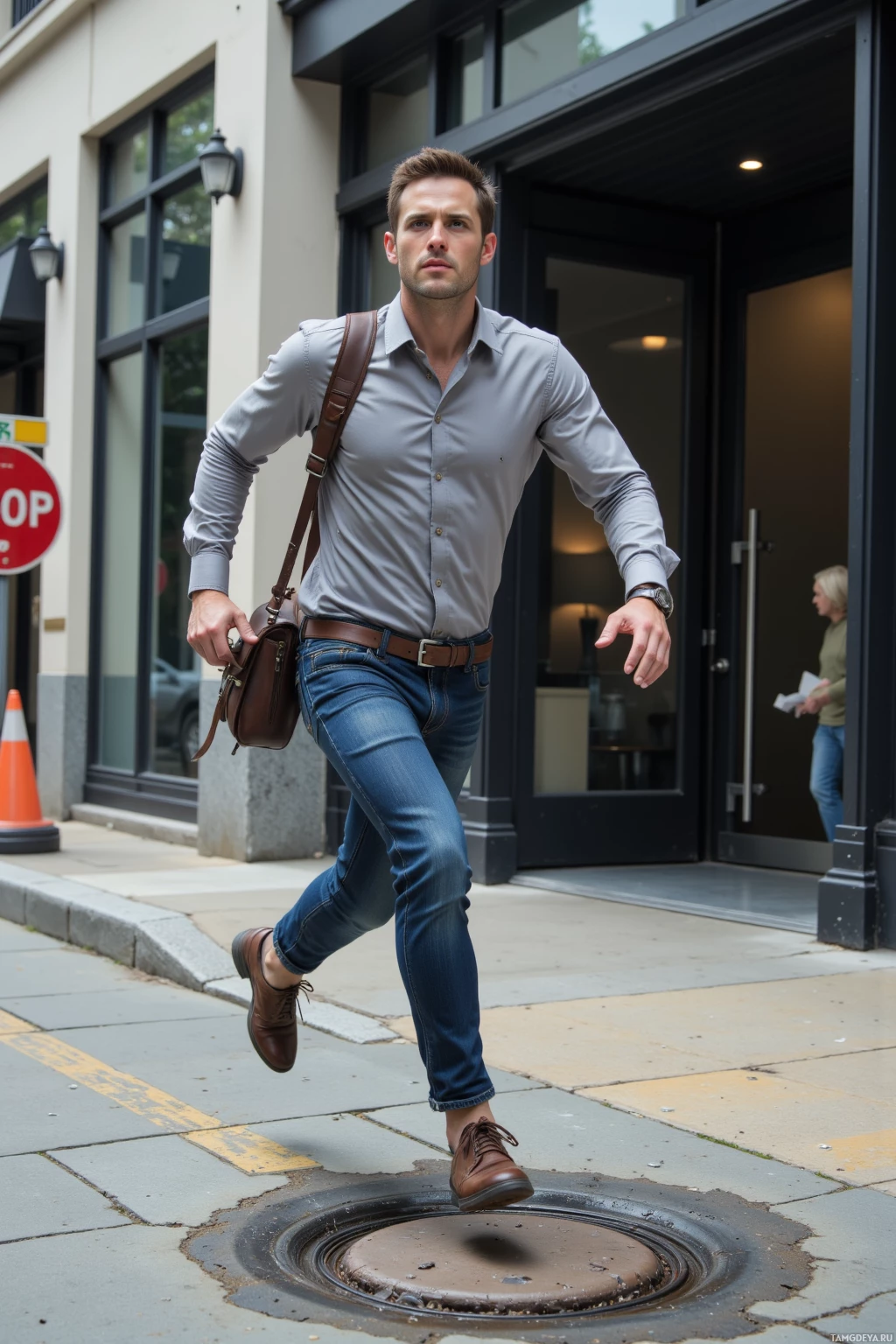Realistic high quality photo. A lean man, 29, short dark hair, bright blue eyes, strong jawline, wearing a fitted shirt, jeans, and a messenger bag slung over his shoulder, sprinting toward a modern office building's front door on an urban street, a pothole ahead and a construction zone sign in the background, daylight.