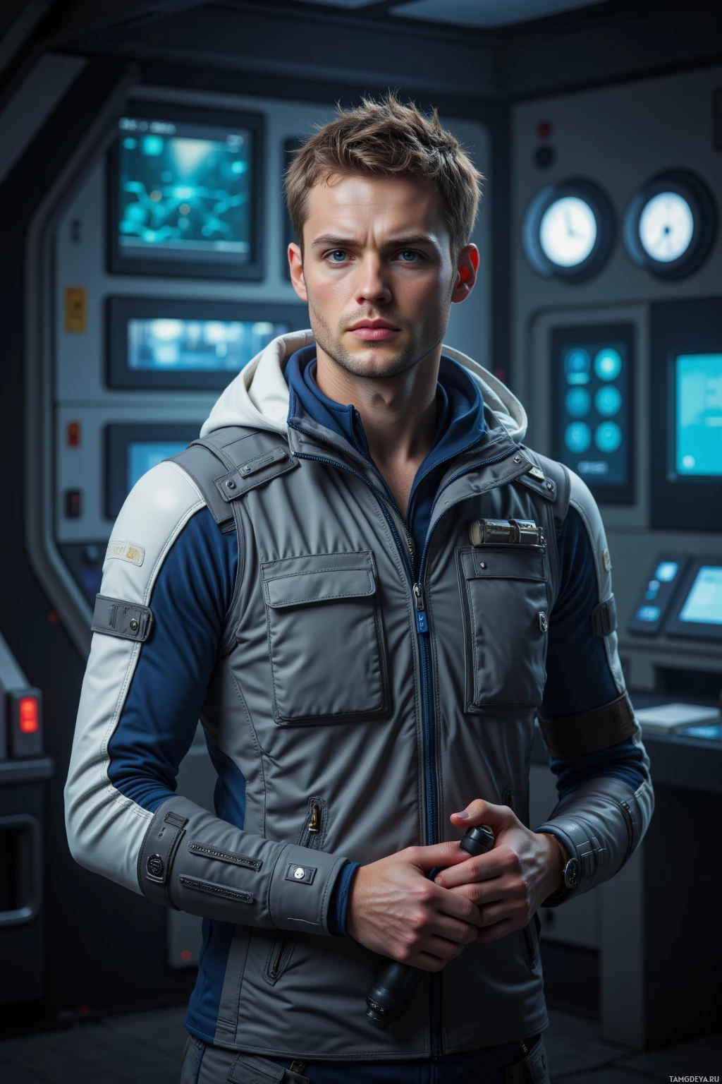 Realistic high quality photo. A 31‑year‑old pale‑skinned man with short light brown hair and blue eyes, wearing a grey utility vest over a fitted synthetic jacket with light blue detailing, stands in a dim, sci‑fi control room with glowing LED panels like distant stars, a humming backup generator behind him, and a manual override lever in his hands, exuding precise, unemotional control.