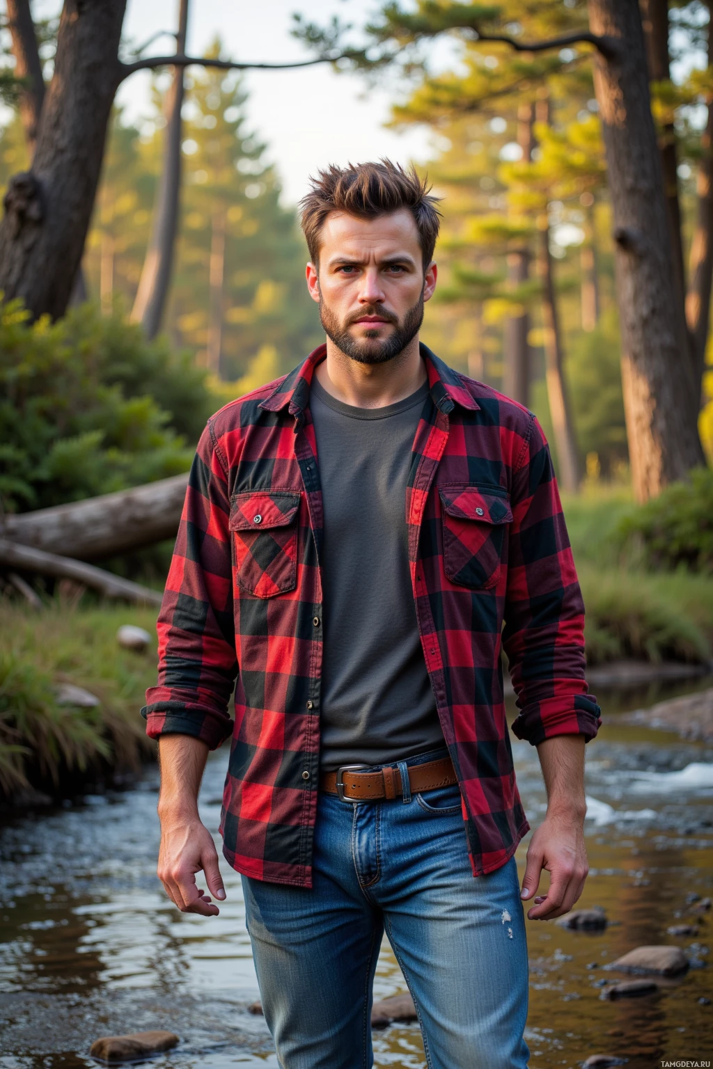 Realistic high quality photo. 35-year-old rugged man with short messy brown hair, beard, bright blue eyes, wearing a red and black flannel shirt, worn jeans, and rugged hiking boots, standing in an old pine grove beside a gently flowing creek at late afternoon, observing water ripples.