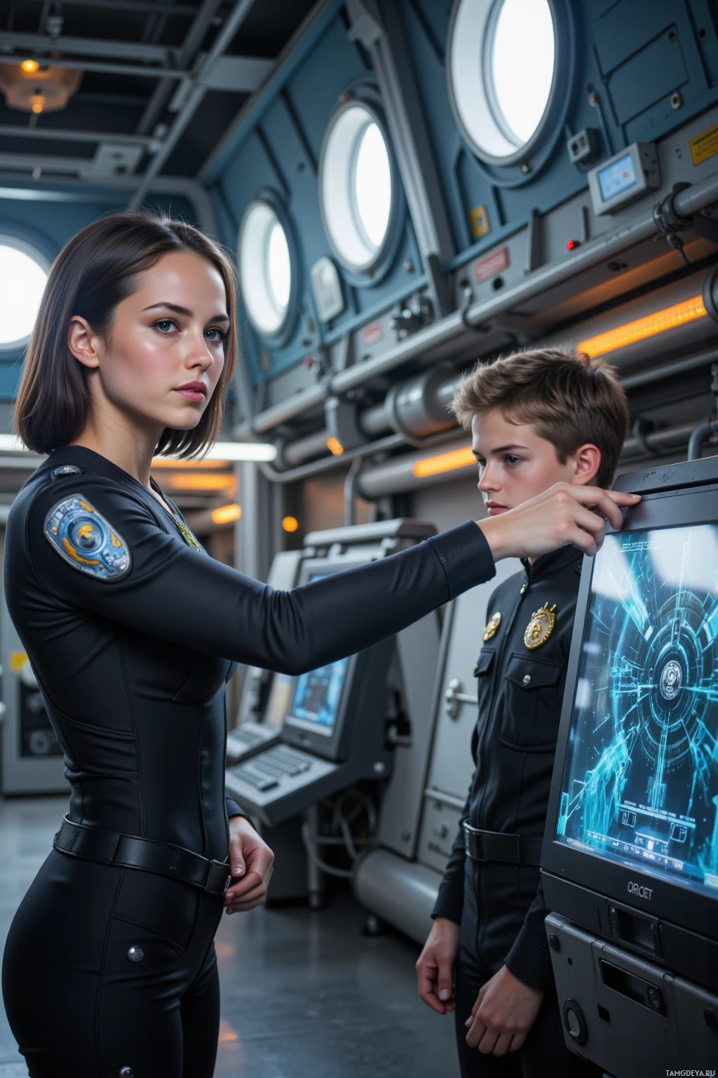 Realistic high quality photo. Morning briefing aboard Orion’s propulsion lab, woman, 30, tall, short sleek black hair, piercing blue eyes, sharp features, wearing a tactical uniform, standing beside a holographic display pointing at a quiet junior officer, a young man with short brown hair and calm expression, surrounded by glowing propulsion coils, steel bulkheads, and sunlight streaming through large porthole windows, exuding disciplined leadership and teamwork.