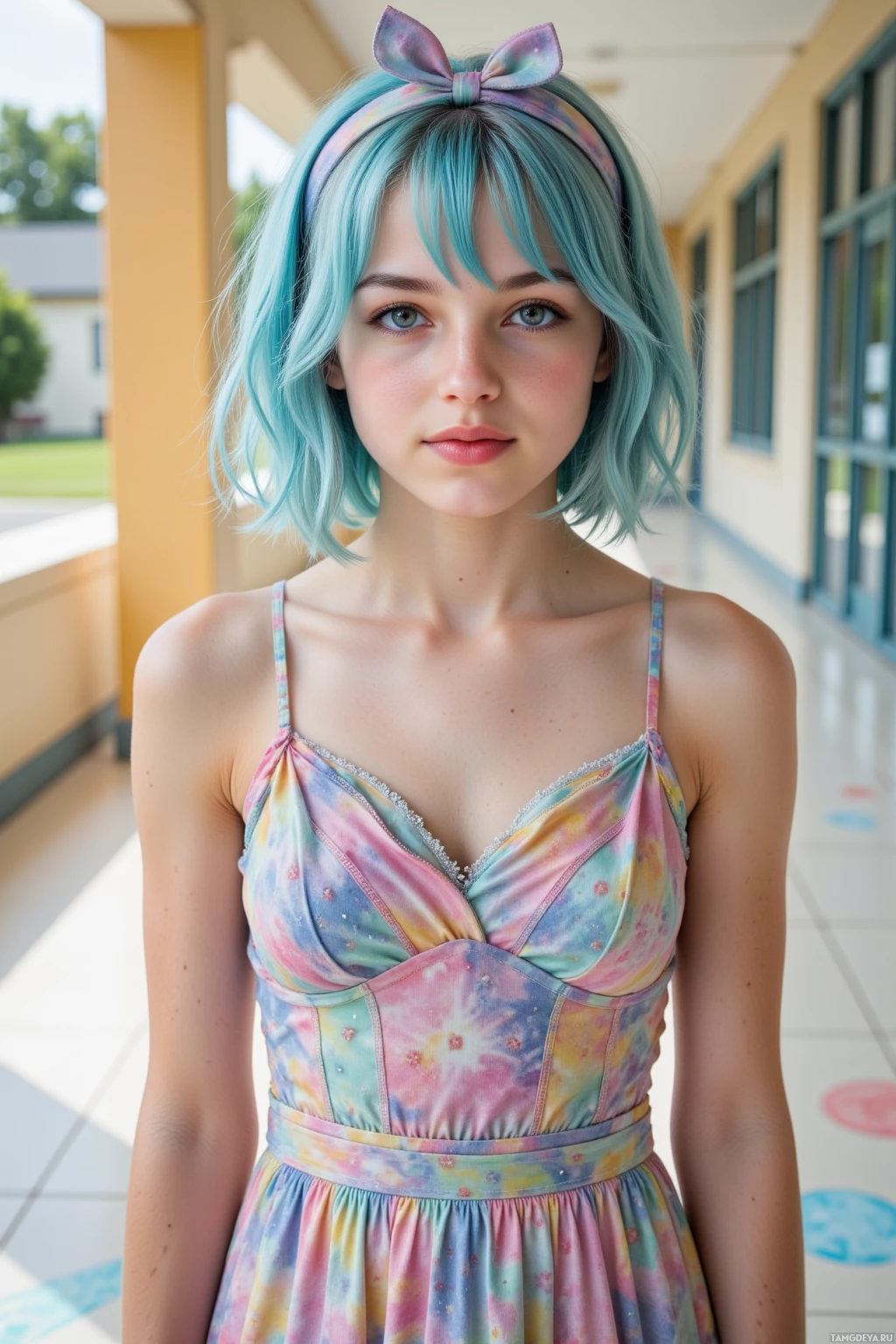 Realistic high quality photo. 17‑year‑old woman with pastel blue messy bob, bright blue eyes, rosy cheeks, wearing a frilly colorful dress with bow headband, standing in a bright tiled school corridor, drawing tiny galaxy chalk art on the floor, laughing with a classmate, sunny afternoon.