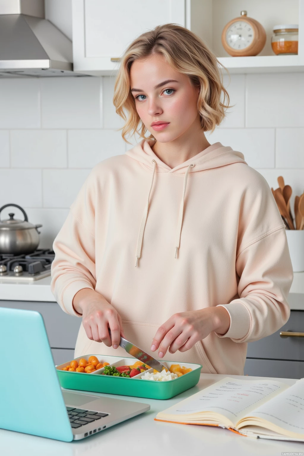 Realistic high quality photo. 19‑year‑old woman with curly blonde hair and blue eyes, wearing an oversized pastel hoodie and soft grey leggings, methodically slicing a lunch box into equal portions on a kitchen counter at 1:45 PM, with a laptop displaying a flashcard interval algorithm and a notebook of Spanish idioms, a fork in hand, focused and precise in a bright modern kitchen.