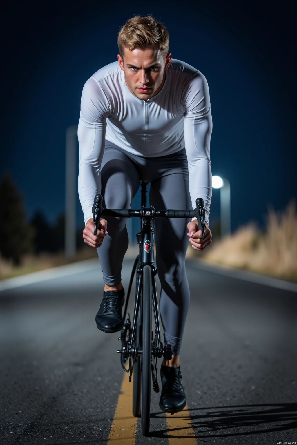 Realistic high quality photo. Tall athletic male, 27, short blonde hair, blue eyes, wearing fitted gray sweatpants and a white long‑sleeve performance top, sprinting on a road bike at night on a lone asphalt stretch with wind whipping past, focused and determined, modern realism.