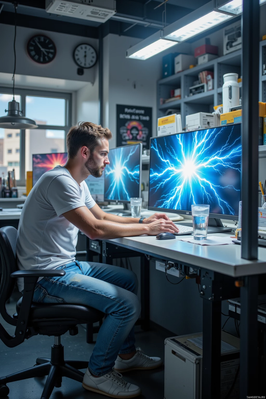 Realistic high quality photo. Male, 34, short light brown hair, blue eyes, wearing a white t‑shirt, light jeans, sneakers, seated at a cluttered yet organized sci‑fi lab desk in the morning, leaning over a holographic monitor displaying a flickering lightning bolt while a glass of synth‑sugarless water sits beside neatly arranged log files.