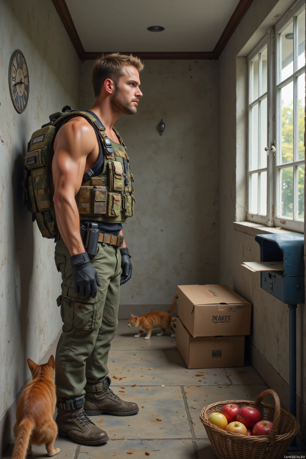 Realistic high quality photo. 33‑year‑old rugged man with short blonde hair, piercing blue eyes, warm beige skin, strong jawline, wearing camouflage tactical vest and utility belt, standing in a hallway with a cat and a stray pizza box, gazing at an outdoor mailbox holding a letter while holding a small basket of three apples, modern realism.