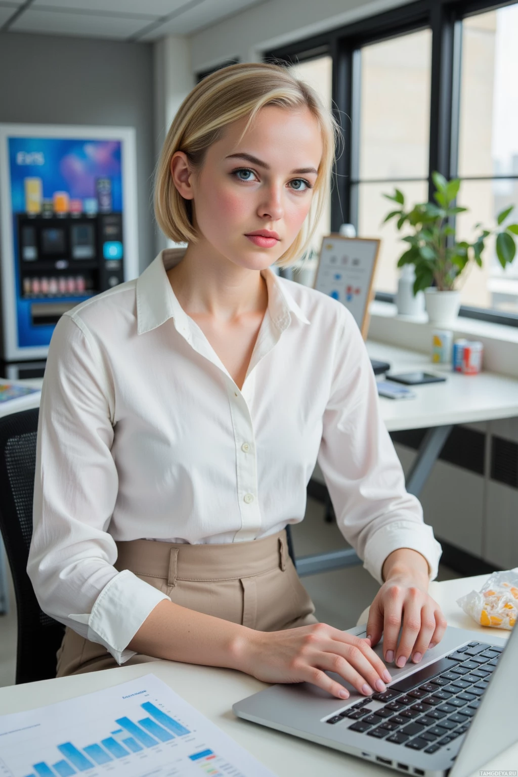 Realistic high quality photo. A 31‑year‑old woman with short blonde bob, blue eyes, fair skin, wearing a white blouse and tailored beige trousers, sits at a modern office desk at noon, laptop open showing spreadsheets, a cluttered snack drawer beside her, a vending machine in the background, she examines a data dashboard with a focused expression amid office supplies and natural light.