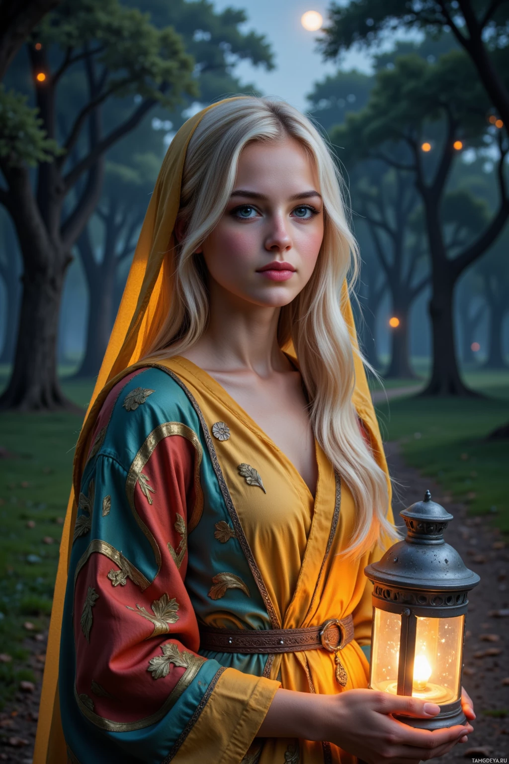 Realistic high quality photo. Female storyteller, 25, blonde flowing hair, sparkling blue eyes, golden headscarf, warm skin, vibrant tunic cinched with a silver cord, high cheekbones and full lips, standing in a moonlit orchard grove, a softly glowing lantern beside her, silver mist swirling around her as she smiles gently, ancient trees framing the night sky and the quiet grove around her.