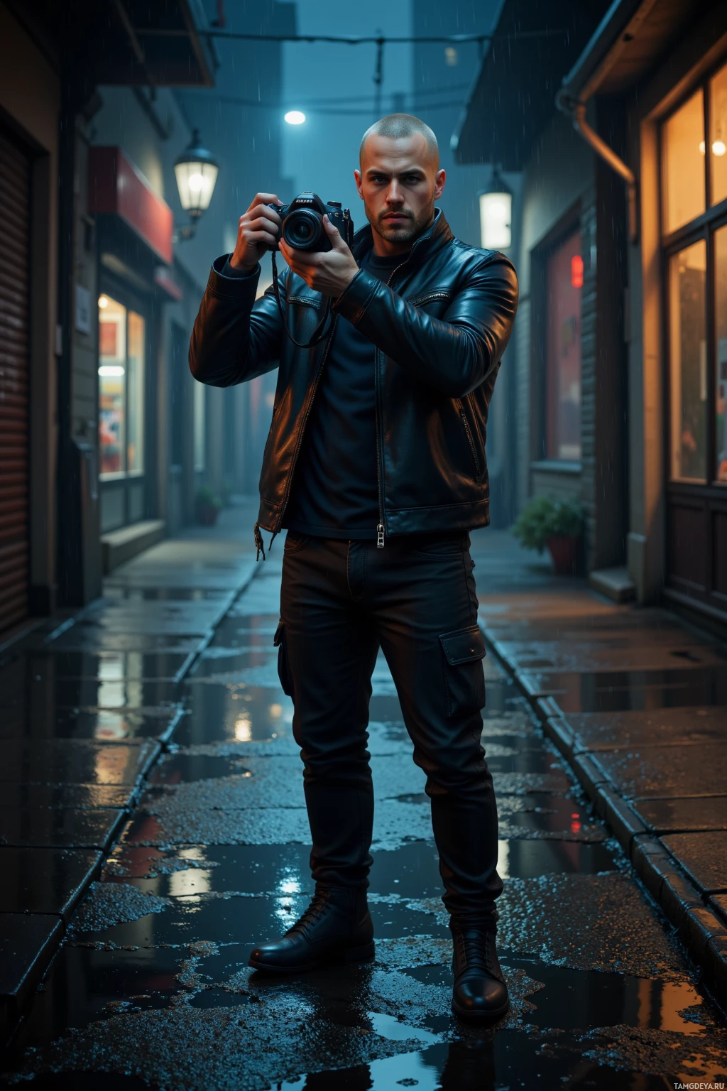 Realistic high quality photo. Male, 29, bleached buzzcut, sharp features, piercing blue eyes, pale complexion, black leather jacket, holding a camera, standing in a rain‑soaked urban alley at night, photographing reflections in puddles on wet pavement.