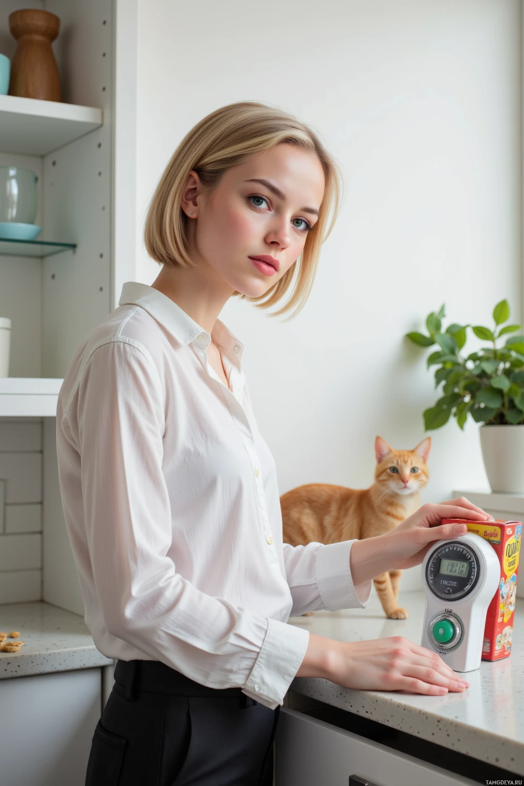 Realistic high quality photo. A 28‑year‑old woman with short light blonde hair, bright blue eyes, pale skin, wearing a white blouse and black trousers, standing in a modern kitchen with a snack drawer, setting a digital 5‑minute timer on the counter while a cereal box teeters on the edge, a small domestic cat watches from a corner, midday light streaming in, showing her pragmatic efficiency and mild impatience.