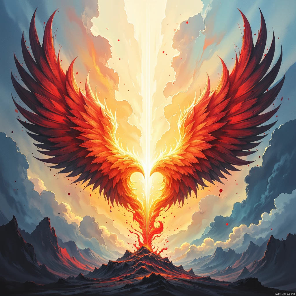 Semi-abstract image with many empty light space at center of beautiful background, that is suitable for the post:  My heart breathes fire, ink‑spattered wings fluttering over the parchment of ordinary days.