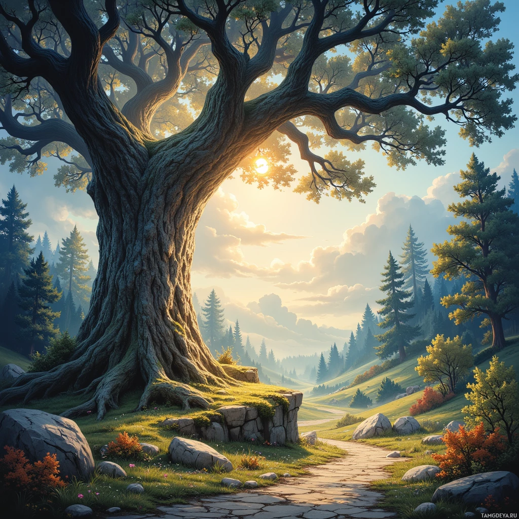 Semi-abstract image with many empty light space at center of beautiful background, that is suitable for the post:  A lone oak's bark cracks like parchment, recording the silent oath I carved into the marrow of stone.