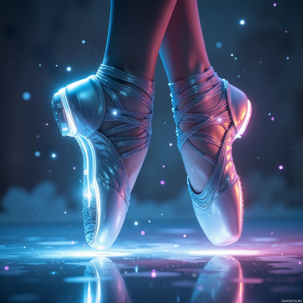 Semi-abstract image with many light, that is suitable for the post:  A pair of digital pointe shoes with sleek satin surfaces, embedded pressure sensors that glow and shift colors with each weight shift, featuring translucent, reflective panels, subtle silver accents, and a futuristic, elegant ballet silhouette.