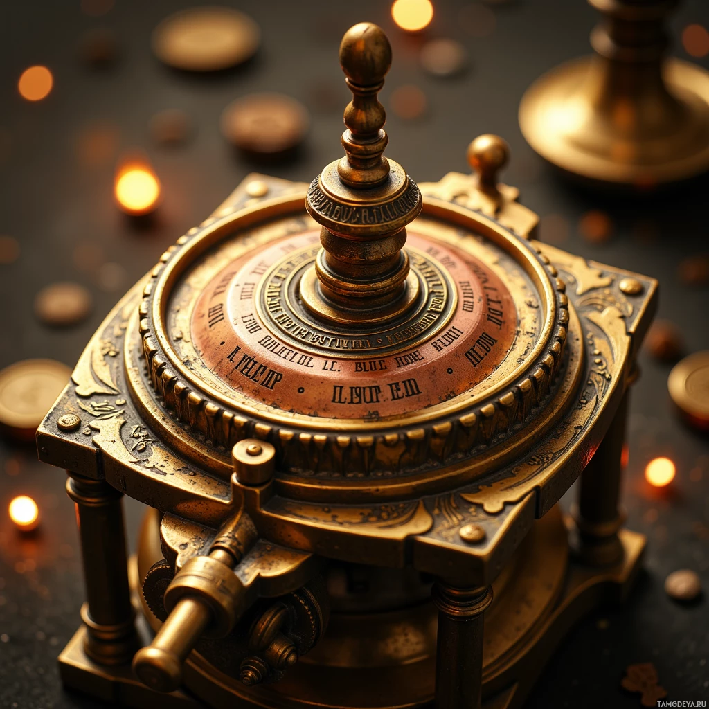 Semi-abstract image with many light, that is suitable for the post:  Handcrafted brass herb press with intricate etched Latin names, small heavy brass gears, a gleaming copper-glinting surface, and a polished brass body.