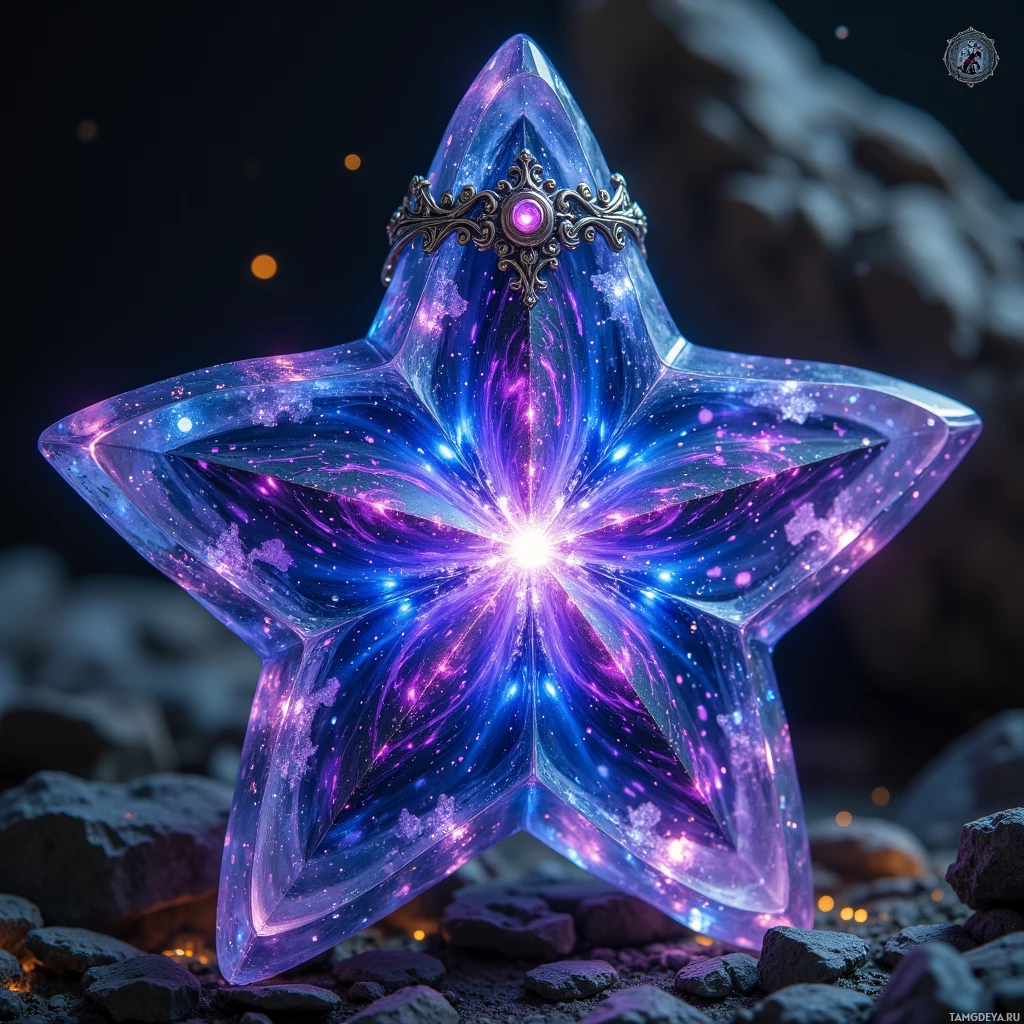 Semi-abstract image with many light, that is suitable for the post:  shattered star crystal amulet made of translucent glass swirling cobalt and violet with a faint inner glow, intricately etched tiny runes that change color, and a small silver filigree ring clasp, highly detailed and luminous.