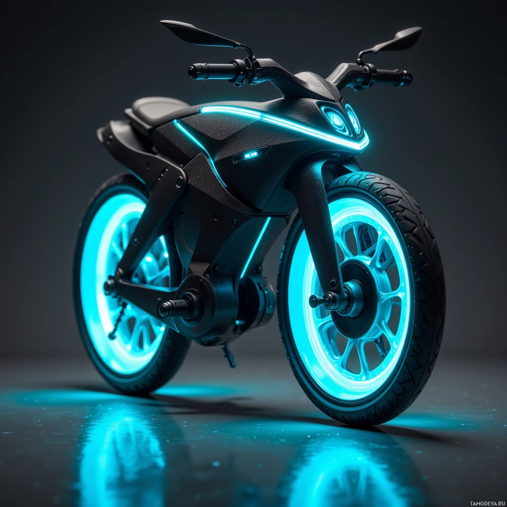 Semi-abstract image with many light, that is suitable for the post:  ultralight modular skybike made of matte black carbon‑fiber with glowing neon striping, integrated tiny wind turbine and propeller mounted on the frame, sleek aerodynamic silhouette, translucent carbon ribs and subtle reflective accents.
