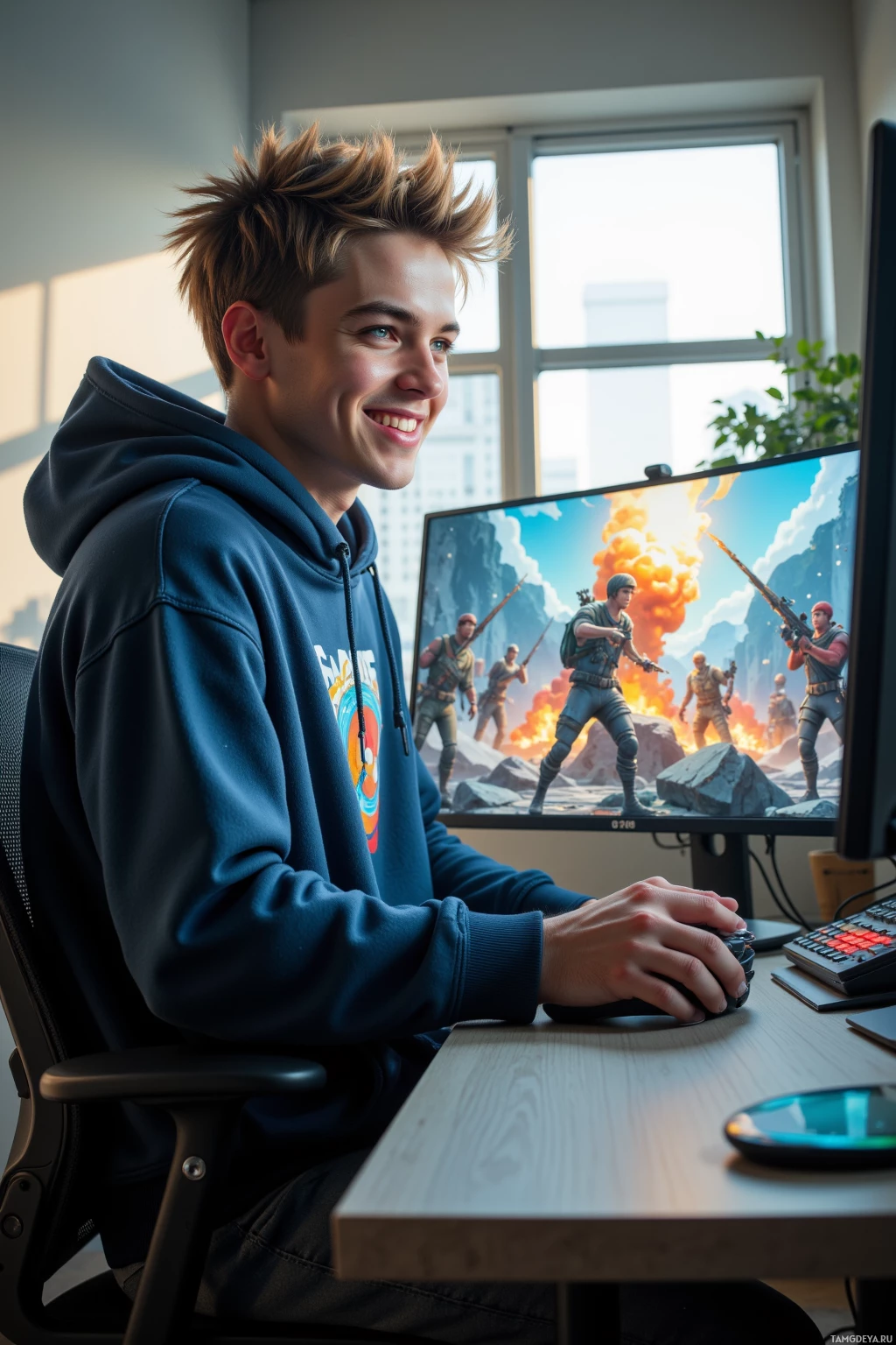 Realistic high quality photo. male, 22, spiky blonde hair, bright blue eyes, wearing a loose gamer hoodie and casual pants, standing in a modern home office with a gaming monitor showing a chaotic virtual siege, pivoting on a controller while laughing with teammates on a video call, afternoon light streaming through a window, a glitch effect visible on the screen, embodying playful resilience.