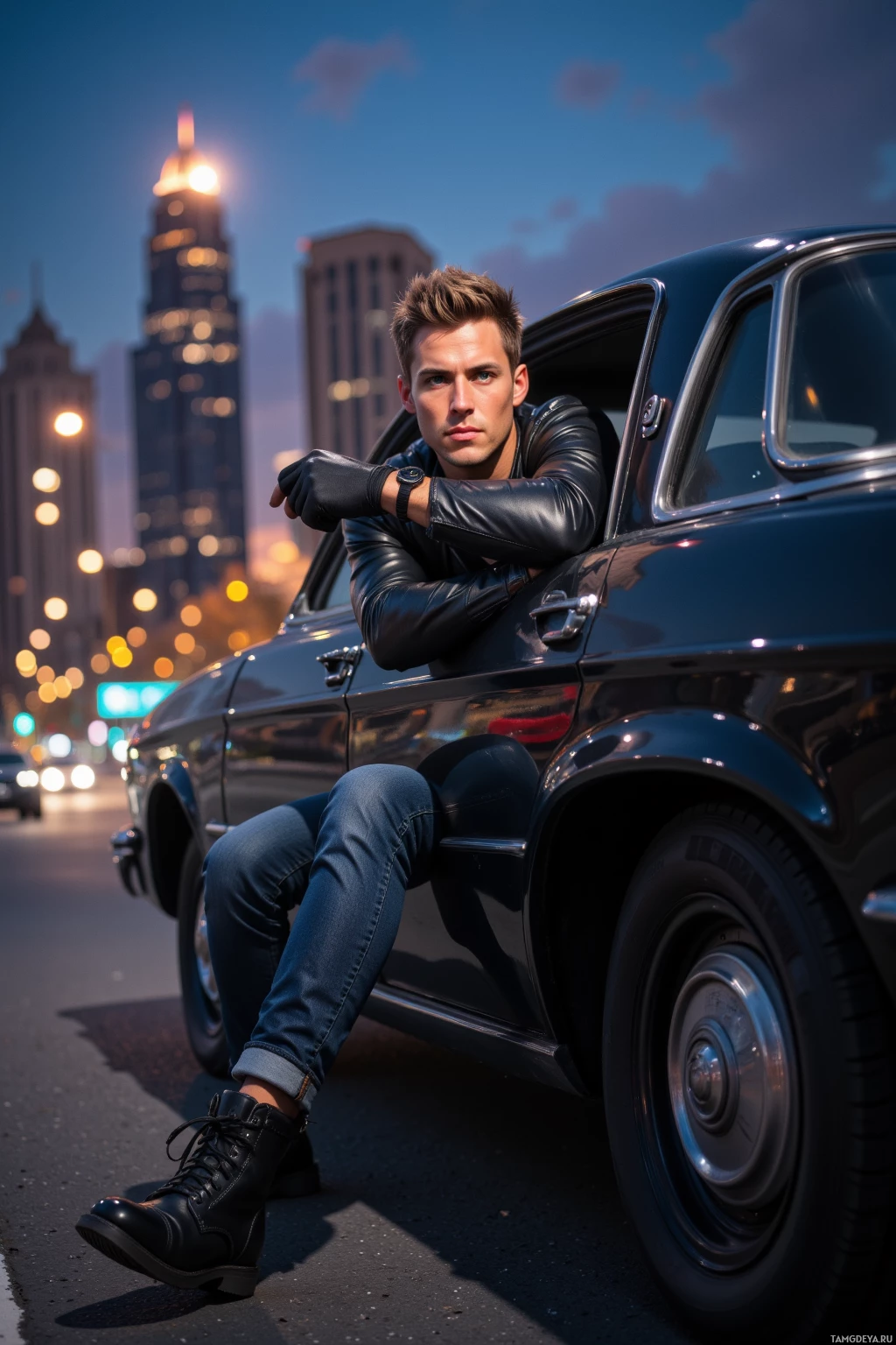 Realistic high quality photo. A muscular 35‑year‑old man with short light brown hair, bright blue eyes, wearing a fitted black leather jacket, dark jeans, and rugged boots, driving a black sedan on an urban highway at dusk, pulling over to help two crew members on the shoulder as the night sky illuminates city buildings in the background.