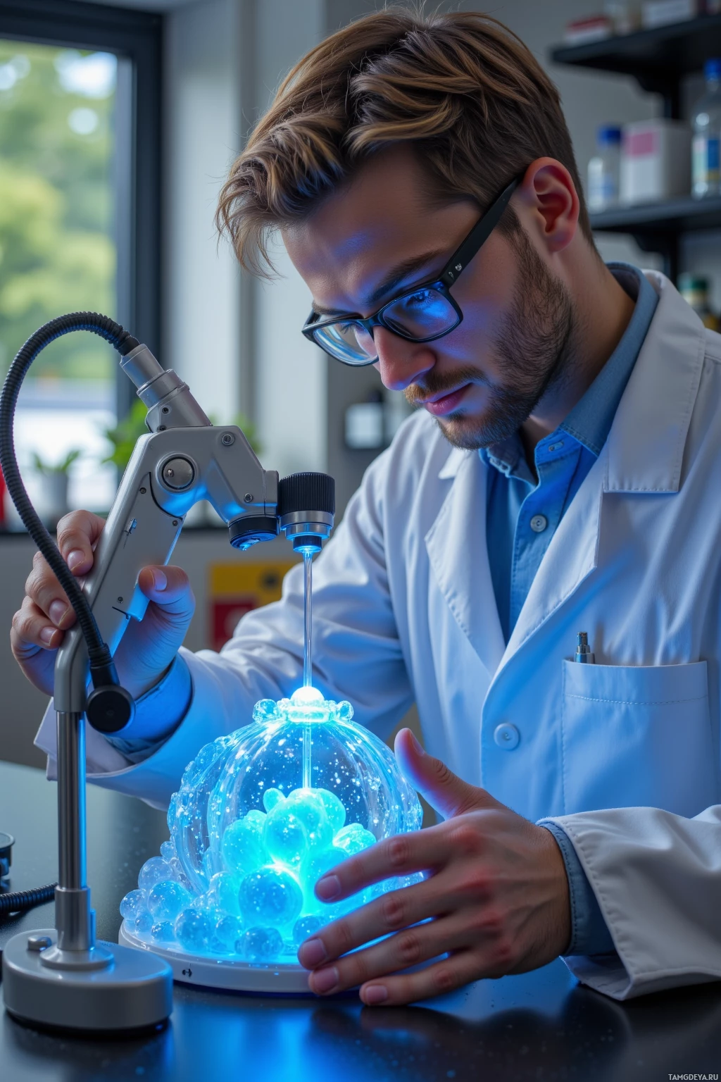 Realistic high quality photo. Male researcher, 30, short blonde hair, blue eyes, wearing glasses and a classic lab coat over a white shirt, holding a micro‑scale crystal manipulator, aligning a 2‑D lattice under a UV lamp in a quiet laboratory, with a faint bright color glow on the crystal surface, afternoon light filtering through lab windows.