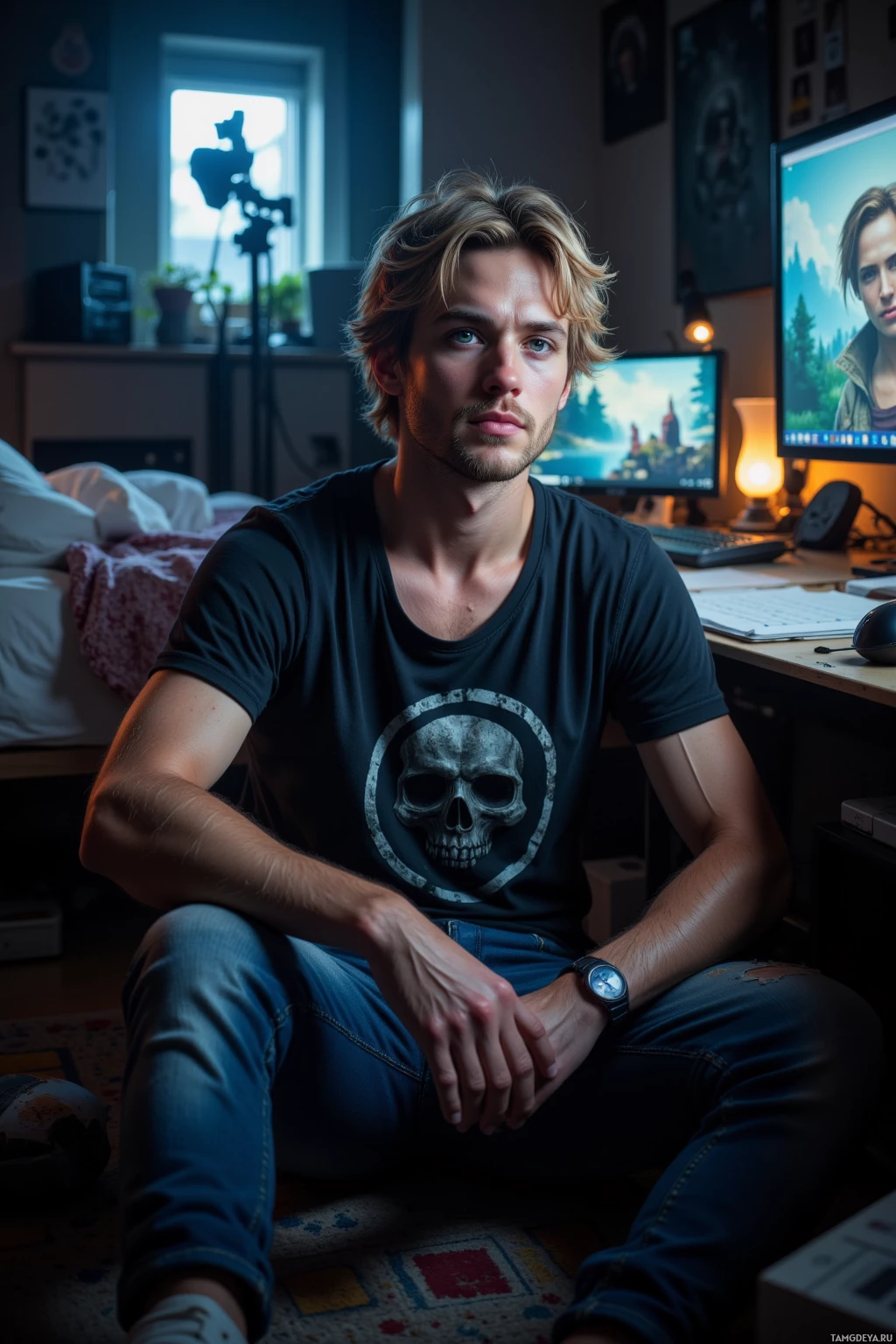Realistic high quality photo. A 25‑year‑old man with messy blonde hair, bright blue eyes, rugged fair skin, wearing worn jeans and a dark t‑shirt with horror motifs, sits in a dimly lit bedroom with a glowing computer monitor, staring intently at the screen after a video game raid, surrounded by gaming equipment and scattered loot boxes.
